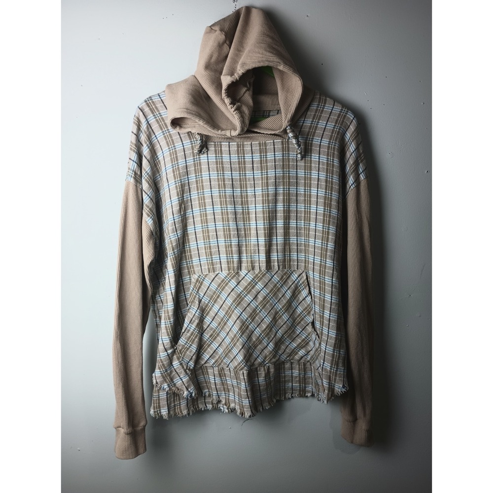 BKE Women Plaid Waffle Knit Hoodie Tan Blue Raw Hem Thermal Sleeve Medium